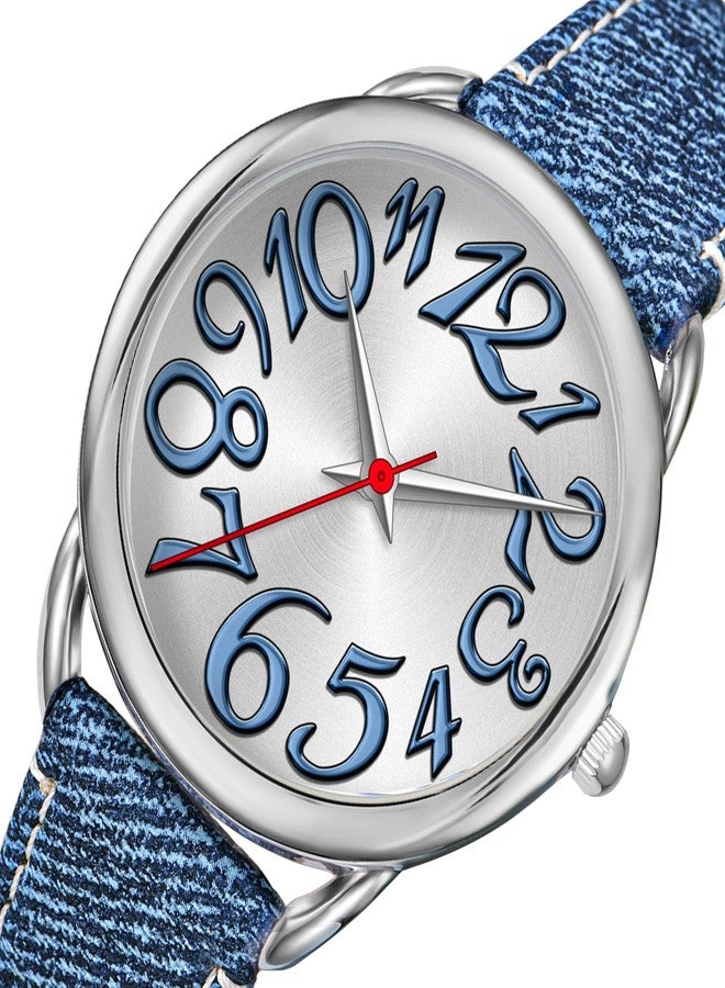 Bisley Women Watch Big Arabic Numbers Dial Easy to Read Blue Denim Leather Strap Watch - Image 2