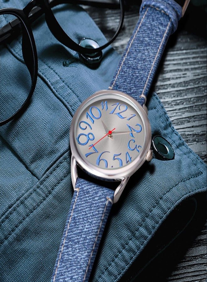 Bisley Women Watch Big Arabic Numbers Dial Easy to Read Blue Denim Leather Strap Watch - Image 5