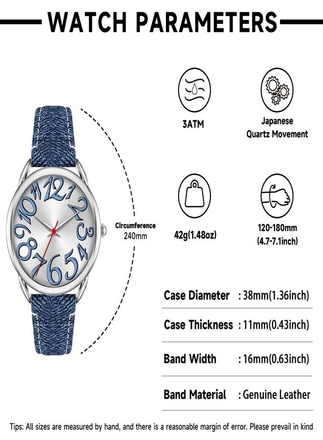 Bisley Women Watch Big Arabic Numbers Dial Easy to Read Blue Denim Leather Strap Watch - Image 4