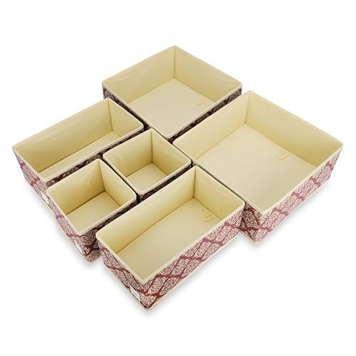 House of Quirk Non-Woven Foldable Cloth Storage Box Closet Dresser Drawer Organizer Cube Basket Bins Containers Divider with Drawers for Underwear, Bras, Socks, Ties, Scarves, Set of 6 (Maroon Motif) - Image 2