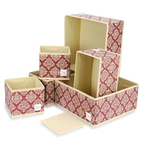 House of Quirk Non-Woven Foldable Cloth Storage Box Closet Dresser Drawer Organizer Cube Basket Bins Containers Divider with Drawers for Underwear, Bras, Socks, Ties, Scarves, Set of 6 (Maroon Motif) - Image 1