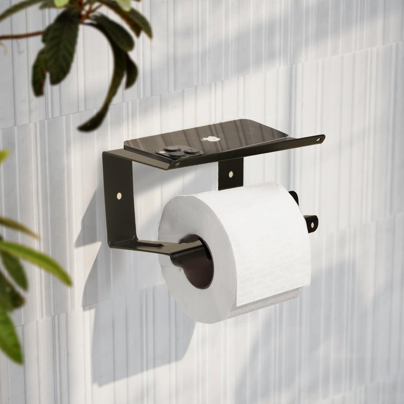 Spillbox Metal Toilet Paper Holder with Mobile Stand, Wall Mounted|Tissue Paper Roll Holder|Toilet Roll Holder for Bathroom Accessories- Black - Image 1