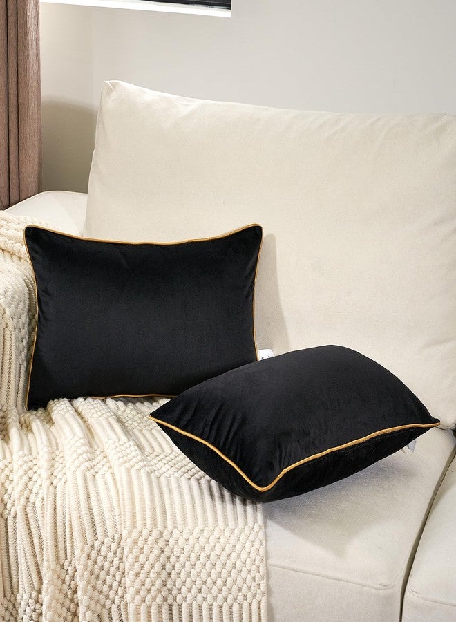 Aeckself Pack of 2 Pure Black Velvet Lumbar Pillow Covers, Modern Luxury Decorative Pillowcase with Gold Trim Edge, Comfortable Soft Solid Cushion Case for Couch Bedroom Living Room 12 x 20 Inch - Image 1
