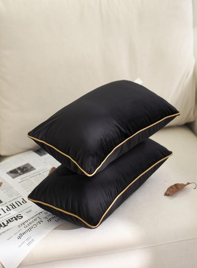 Aeckself Pack of 2 Pure Black Velvet Lumbar Pillow Covers, Modern Luxury Decorative Pillowcase with Gold Trim Edge, Comfortable Soft Solid Cushion Case for Couch Bedroom Living Room 12 x 20 Inch - Image 2