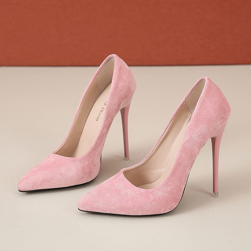 35-45 Yards New Thin Heel Nude Suede Work High Heels Pointed Shallow Mouth Single Shoes Anti-String Pseudo-Mother - Image 4