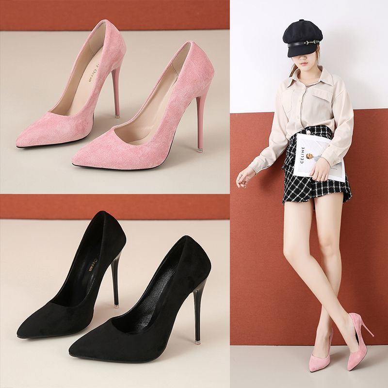 35-45 Yards New Thin Heel Nude Suede Work High Heels Pointed Shallow Mouth Single Shoes Anti-String Pseudo-Mother - Image 3