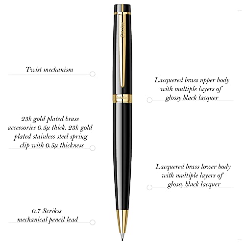 Scrikss 0.7mm Mechanical Lead Pen Pencil Glossy Black Brass Body Gold Plated Trims Twist Mechanism Honour 38 Series Modern and Elegant Pen Ideal for Gifting Using in Office Home - Image 2