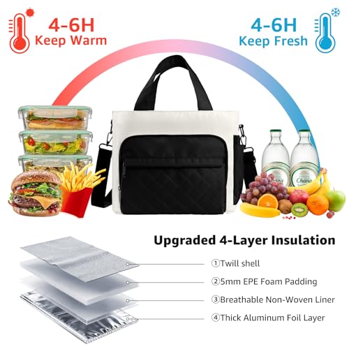 WAKOSAN Women's Insulated Lunch Box Bag - Stylish Tote Design, Leakproof Waterproof Lunch Cooler, Large Lunch Tote Bags for Work Commute & Dates (White-Black) - Image 4