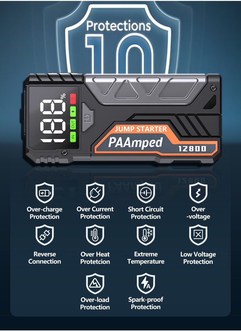 PAAmped - Ultra Start Car Jump Starter for All Passenger Car 12800 mAh Power bank Portable Battery Jumper Pack 12V Emergency Light - Image 1