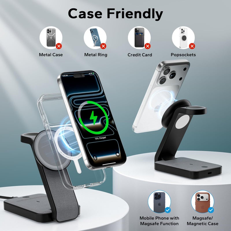 Eazpower 3 in 1 Foldable Wireless Charging Station for MagSafe, Nightstand Magnetic Charger Stand for iPhone 17 16 15 14 Pro Max, Travel Charging Dock with Night Light for Apple Watch/AirPods (Black) - Image 4
