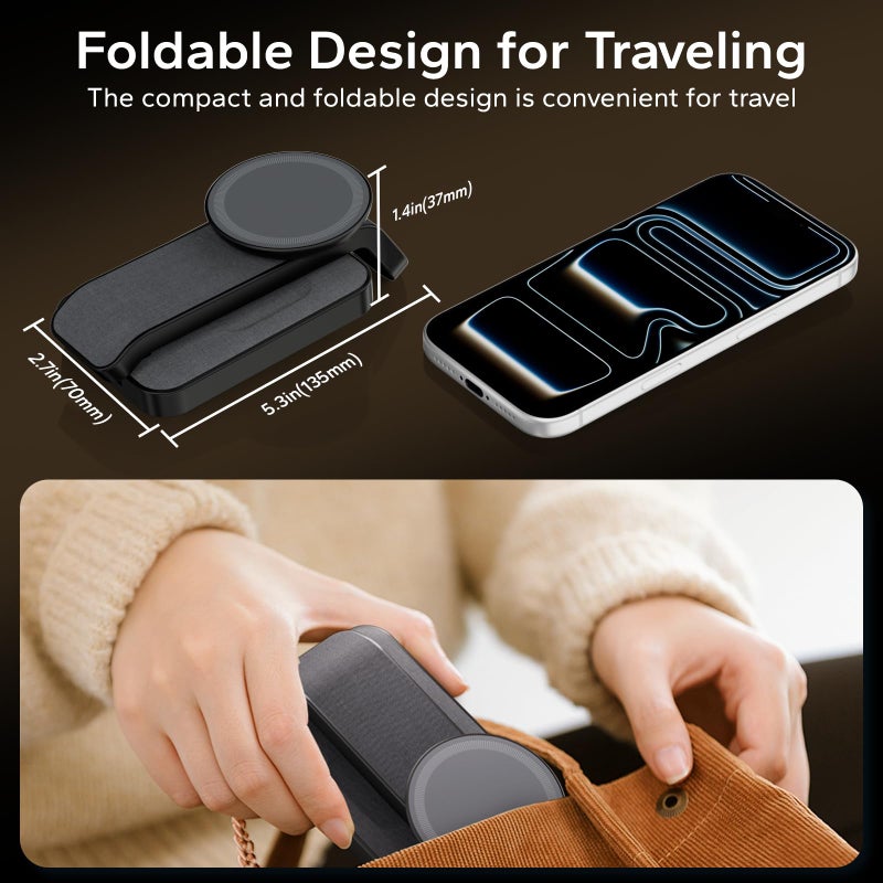 Eazpower 3 in 1 Foldable Wireless Charging Station for MagSafe, Nightstand Magnetic Charger Stand for iPhone 17 16 15 14 Pro Max, Travel Charging Dock with Night Light for Apple Watch/AirPods (Black) - Image 3