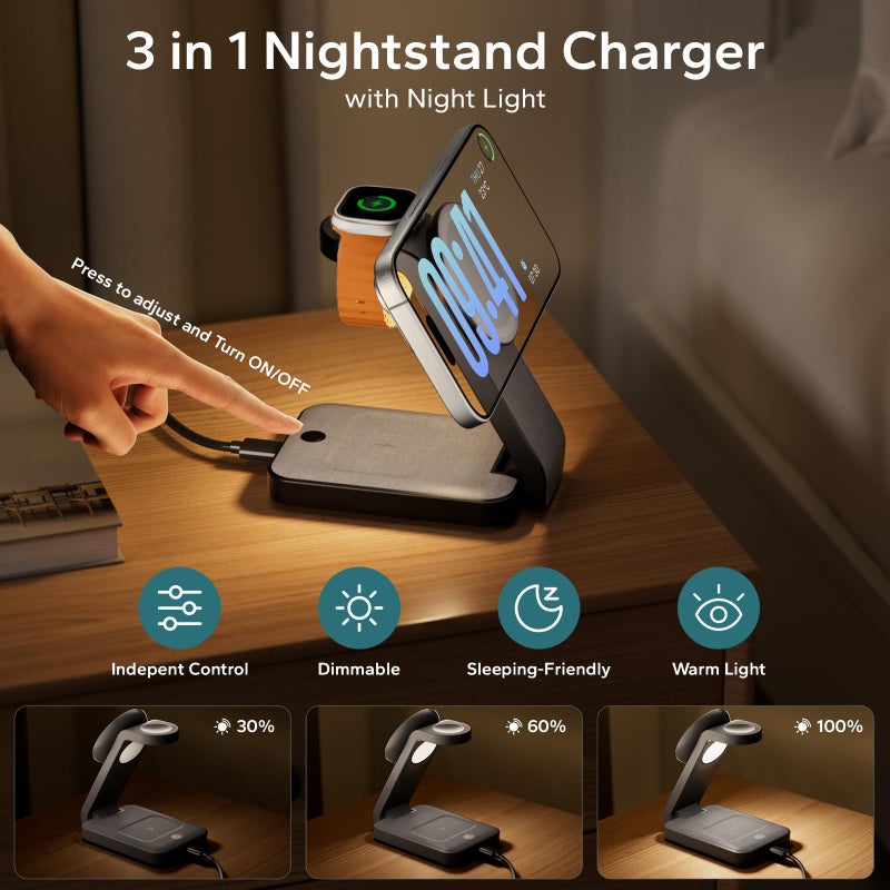 Eazpower 3 in 1 Foldable Wireless Charging Station for MagSafe, Nightstand Magnetic Charger Stand for iPhone 17 16 15 14 Pro Max, Travel Charging Dock with Night Light for Apple Watch/AirPods (Black) - Image 2