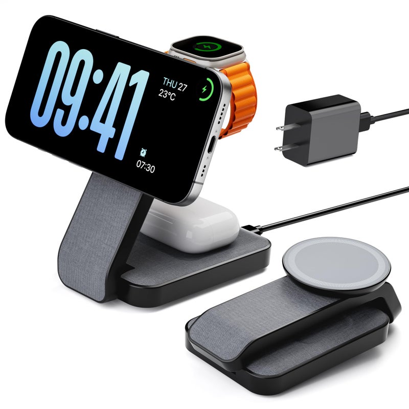 Eazpower 3 in 1 Foldable Wireless Charging Station for MagSafe, Nightstand Magnetic Charger Stand for iPhone 17 16 15 14 Pro Max, Travel Charging Dock with Night Light for Apple Watch/AirPods (Black) - Image 1