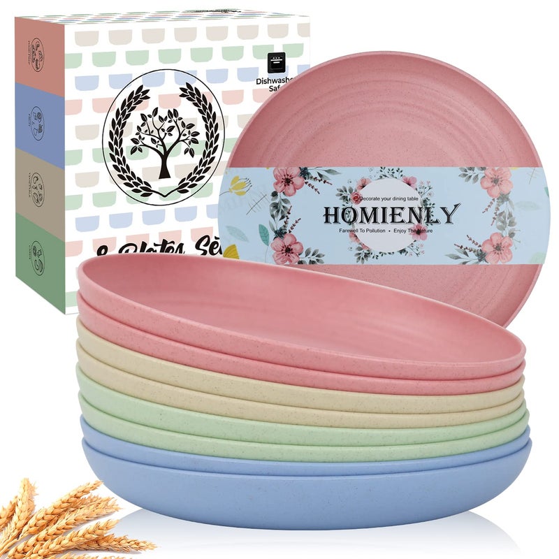 Homienly Deep Wheat Straw Dinner Plates Set of 8 Alternative to Plastic  Microwave  Dishwasher Safe Unbreakable Kids Plates with 4 Colors Fresh Light 10 inch