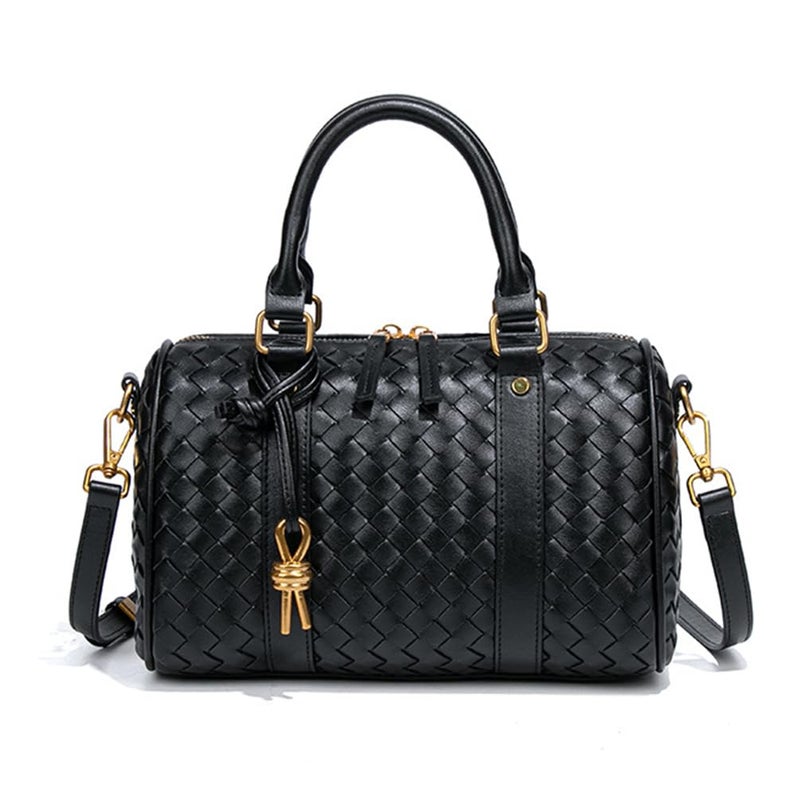 YP Woven Handbags for Women Leather Boston Barrel Bag Top Handle Satchel Purses and Handbags Crossbody Shoulder Bags (Black) - Image 1