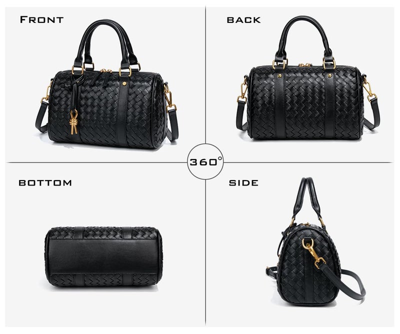 YP Woven Handbags for Women Leather Boston Barrel Bag Top Handle Satchel Purses and Handbags Crossbody Shoulder Bags (Black) - Image 4