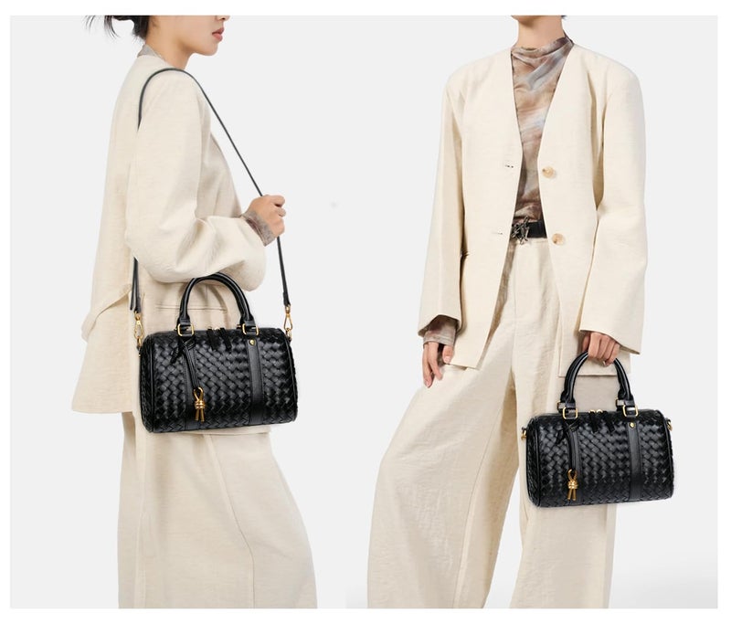 YP Woven Handbags for Women Leather Boston Barrel Bag Top Handle Satchel Purses and Handbags Crossbody Shoulder Bags (Black) - Image 2