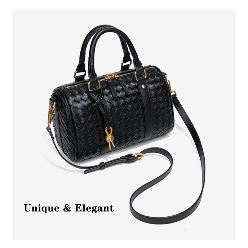 YP Woven Handbags for Women Leather Boston Barrel Bag Top Handle Satchel Purses and Handbags Crossbody Shoulder Bags (Black) - Image 3