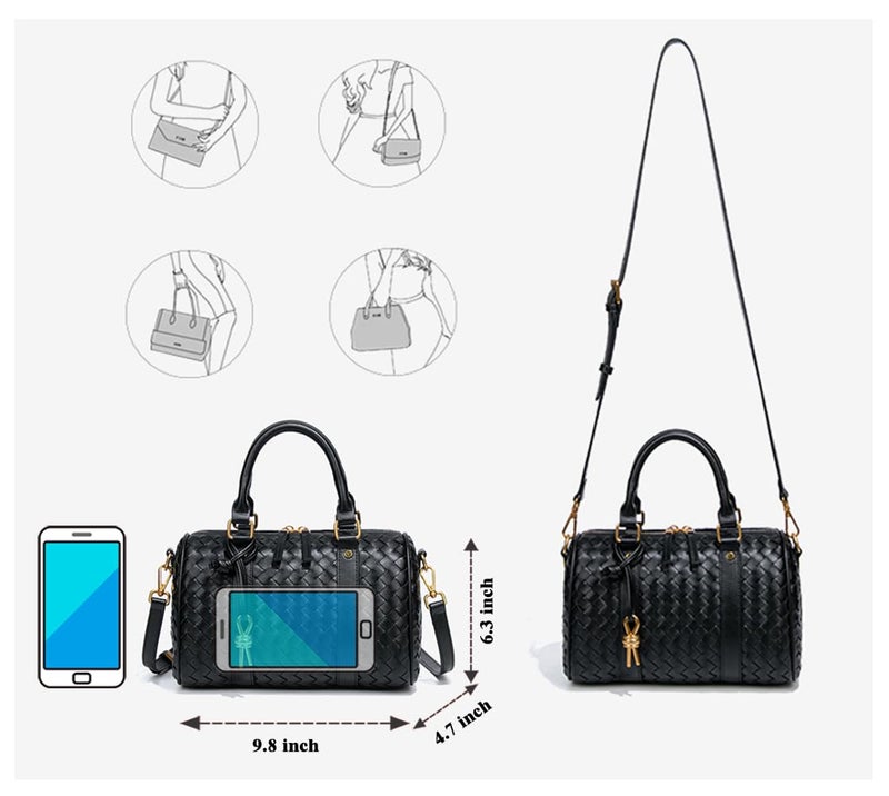 YP Woven Handbags for Women Leather Boston Barrel Bag Top Handle Satchel Purses and Handbags Crossbody Shoulder Bags (Black) - Image 5