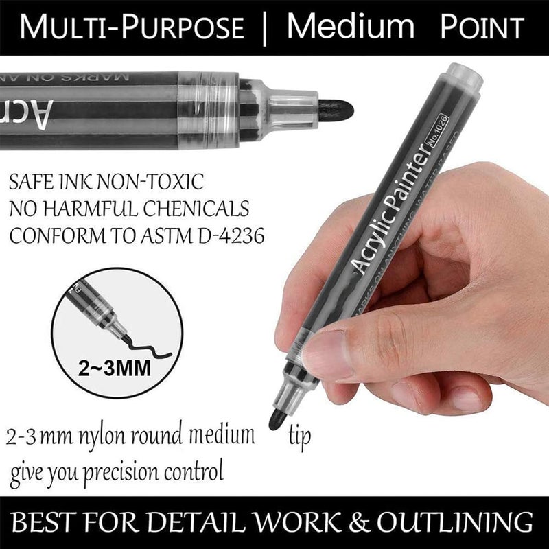 X spring Black White Paint Pens, 6 Pack Acrylic Black White Permanent Markers, Acrylic Paint Pens For Rock Painting, Wood, Metal, Stone, Ceramic, Glass, Graffiti, Paper, Drawing - Image 2