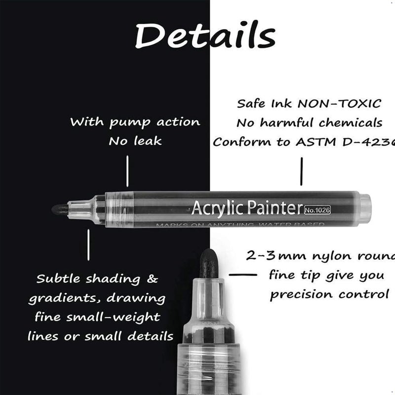X spring Black White Paint Pens, 6 Pack Acrylic Black White Permanent Markers, Acrylic Paint Pens For Rock Painting, Wood, Metal, Stone, Ceramic, Glass, Graffiti, Paper, Drawing - Image 3