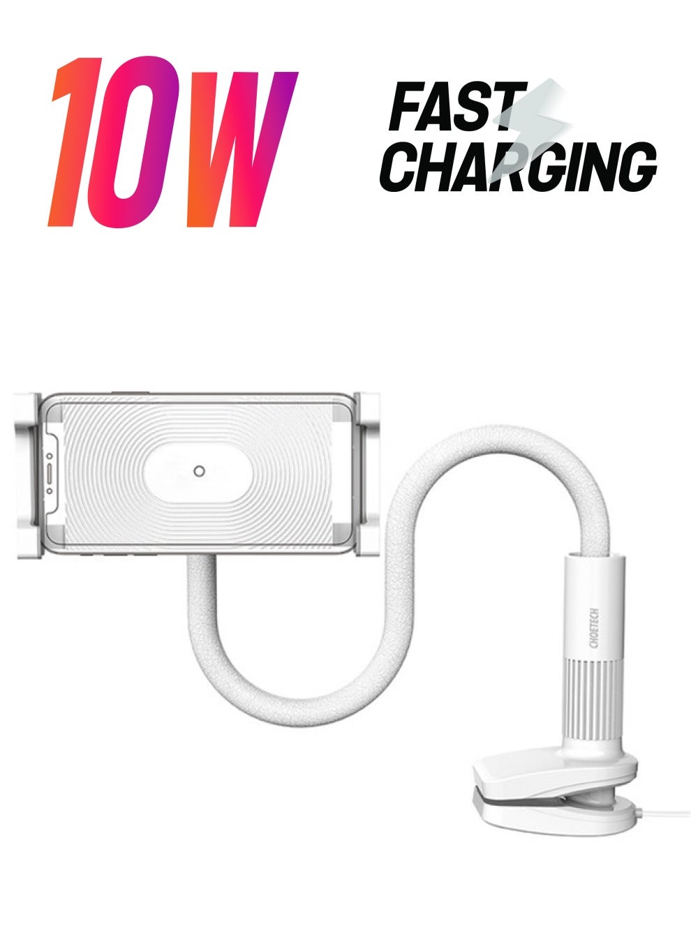 CHOETECH 2 In 1 Flexible Gooseneck Phone Mount & Fast Wireless Charger White