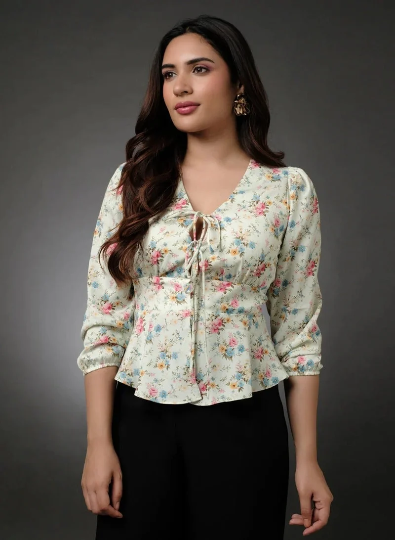 Zigzag Corset Front Tie Peplum Chiffon Printed Top