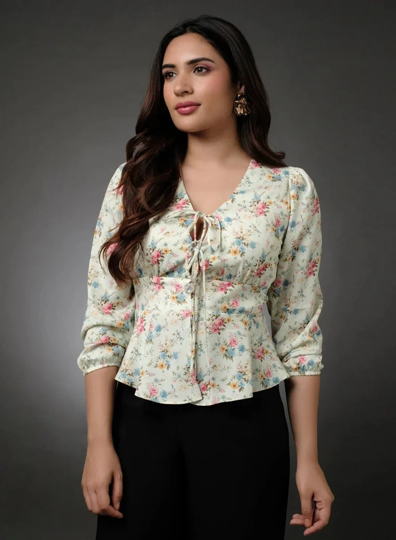 Zigzag Corset Front Tie Peplum Chiffon Printed Top