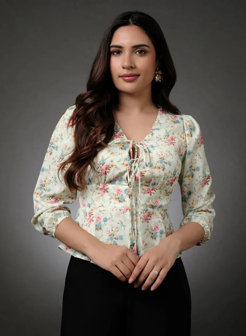 Zigzag Corset Front Tie Peplum Chiffon Printed Top