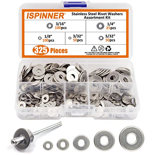 ISPINNER 325pcs Backup Rivet Washers Assortment Kit, Stainless Steel Washers for Blind Pop Rivets Diameter 3/32" 1/8" 5/32" 3/16" 1/4"(Silver) - Image 1
