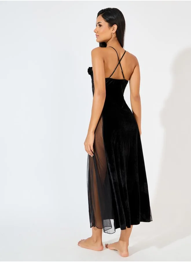 Styli Ruffle Edge Apex Strap Bow Detail Velvet and Mesh Front Slit Maxi Babydoll