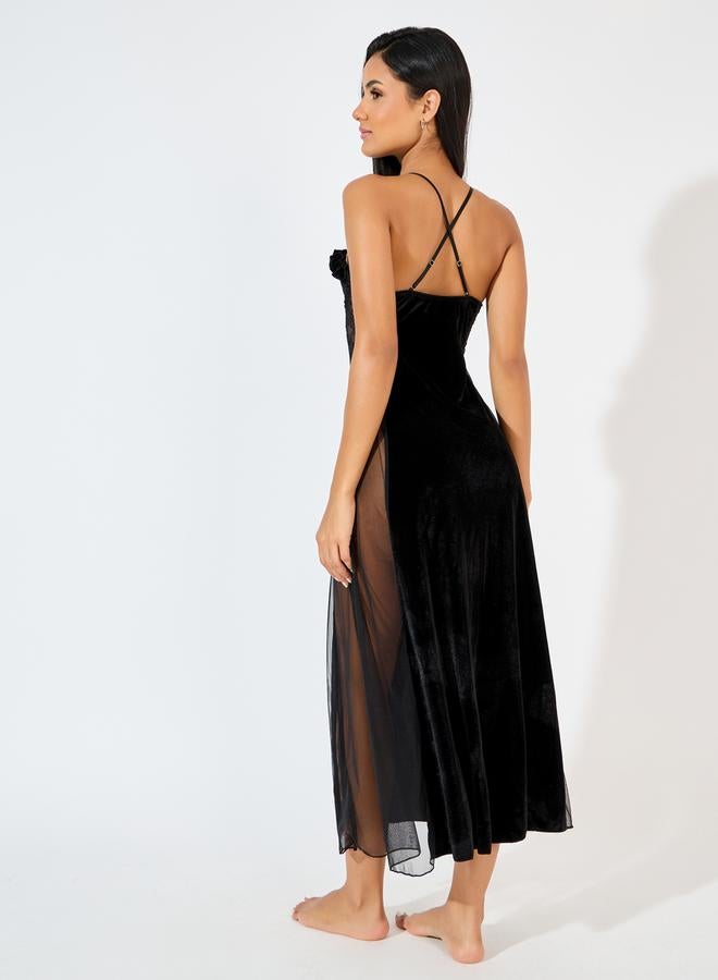 Styli Ruffle Edge Apex Strap Bow Detail Velvet and Mesh Front Slit Maxi Babydoll - Image 3
