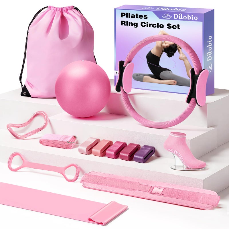 Dilobio Pilates Kit for Home Workouts, Pilates Equipment Ring and Ball Set with Hip Thrust Belt, Pilates Essentials Kit for Women, Home Pilates Workout Starter Kit for Toning & Strength (Pink) - Image 1