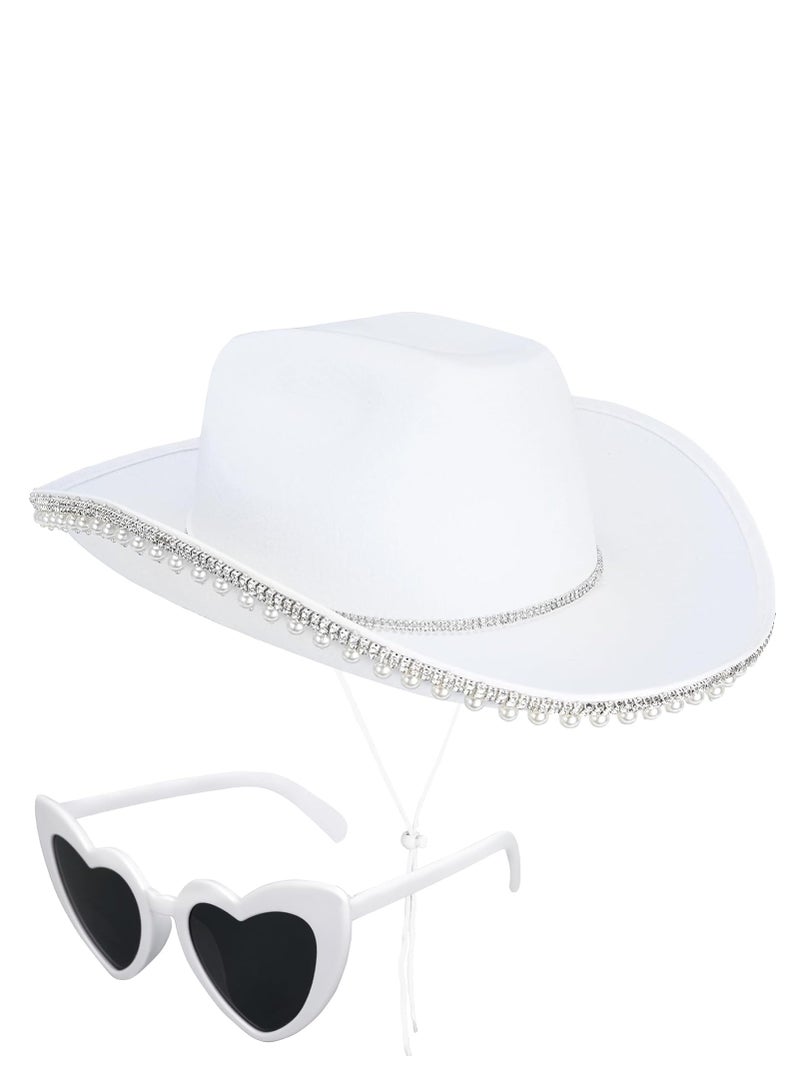 Western Cowgirl Hat Rhinestone Pearl Cowboy for Women with Heart-Shaped Sunglasses White Bride Bachelorette Party Costumes  - Image 1