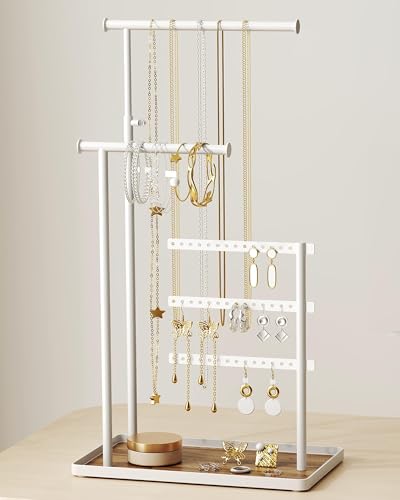 susswiff Jewelry Holder Organizer Stand Adjustable Tall 175 Max Sturdy Jewelry Hanger for Necklaces Earrings Bracelets Rings Jewlery Display and Storage White Metal - Image 1