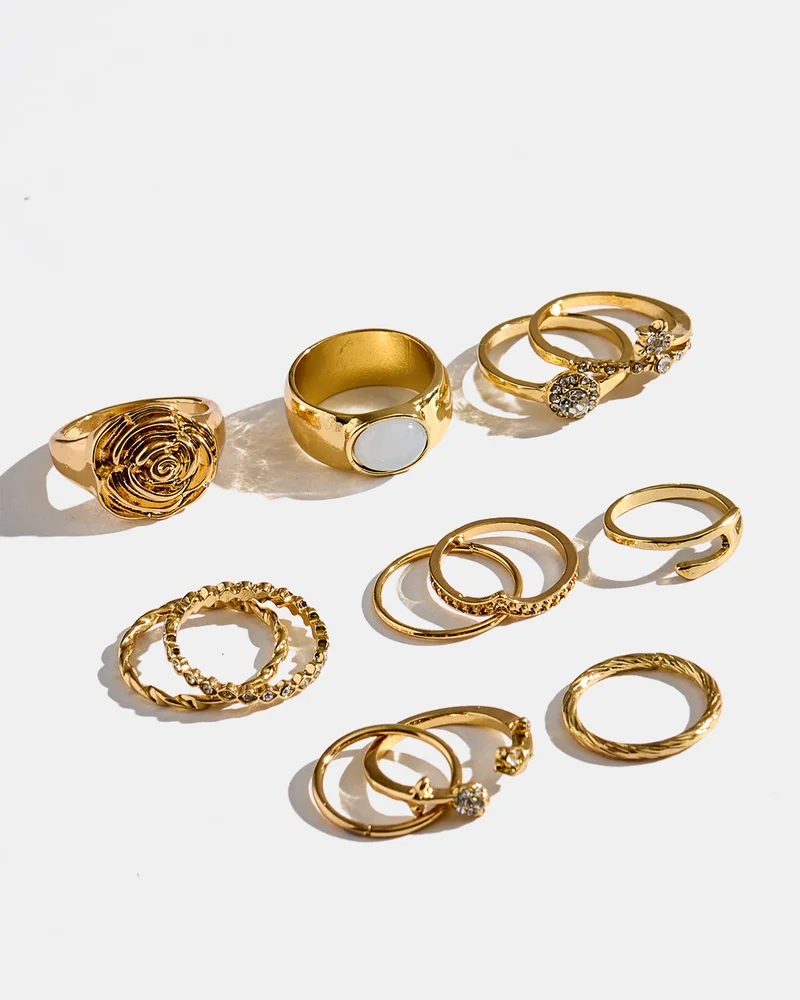 REDTAG Women Gold Embellished Rings Set (12 Piece)