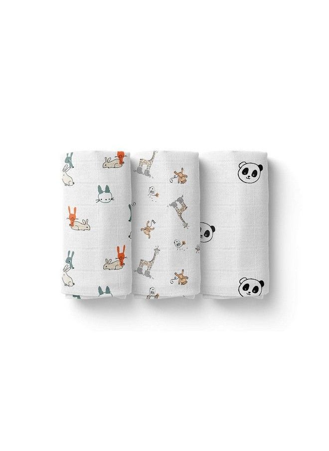 MOM'S HOME - Organic Cotton Baby Muslin Swaddle012 Monthspack Of 3 Panda Monkey Rabbit - Image 1