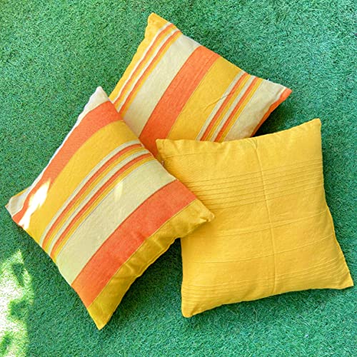 RANGBHAR Handloom Cushion Covers with Concealed Top Zip, Set of 3, Striped, 16 x 16 inch, Yellow - Image 4