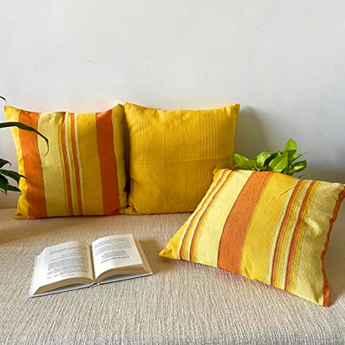 RANGBHAR Handloom Cushion Covers with Concealed Top Zip, Set of 3, Striped, 16 x 16 inch, Yellow - Image 1
