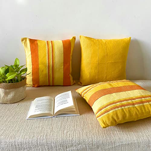 RANGBHAR Handloom Cushion Covers with Concealed Top Zip, Set of 3, Striped, 16 x 16 inch, Yellow - Image 2