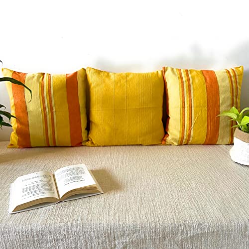 RANGBHAR Handloom Cushion Covers with Concealed Top Zip, Set of 3, Striped, 16 x 16 inch, Yellow - Image 3
