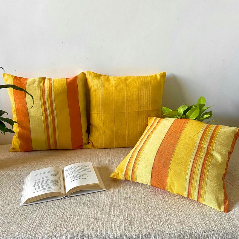 RANGBHAR Handloom Cushion Covers with Concealed Top Zip, Set of 3, Striped, 16 x 16 inch, Yellow - Image 5