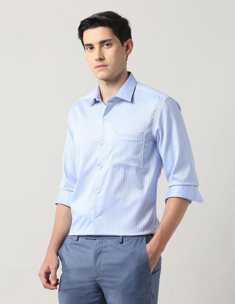 Arrow Light Blue Manhattan Slim Fit Vertical Striped Autopress Shirt for Men | Best Price UAE