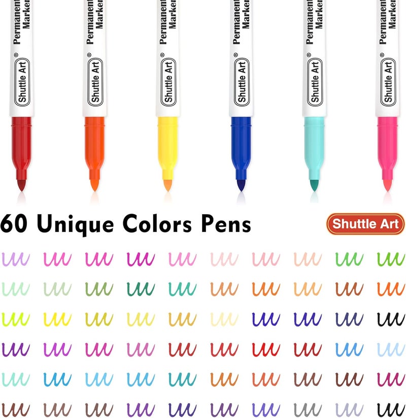 Shuttle Art 60 Colors Permanent Markers, Fine Point, Assorted Colors, Works on Plastic,Wood,Stone,Metal and Glass for Doodling, Coloring, Marking - Image 3