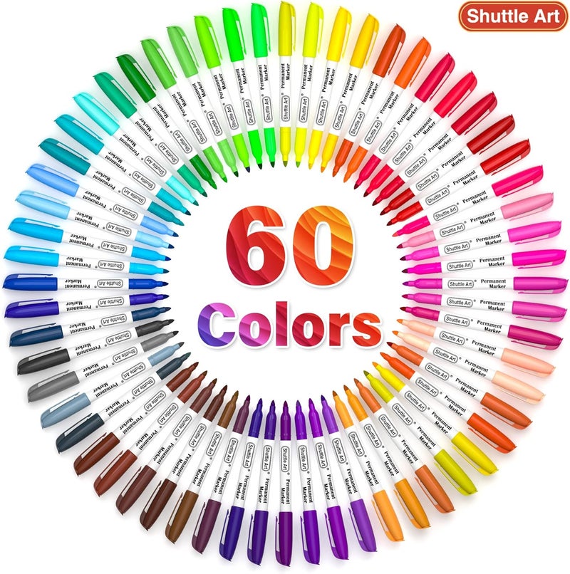 Shuttle Art 60 Colors Permanent Markers, Fine Point, Assorted Colors, Works on Plastic,Wood,Stone,Metal and Glass for Doodling, Coloring, Marking - Image 2