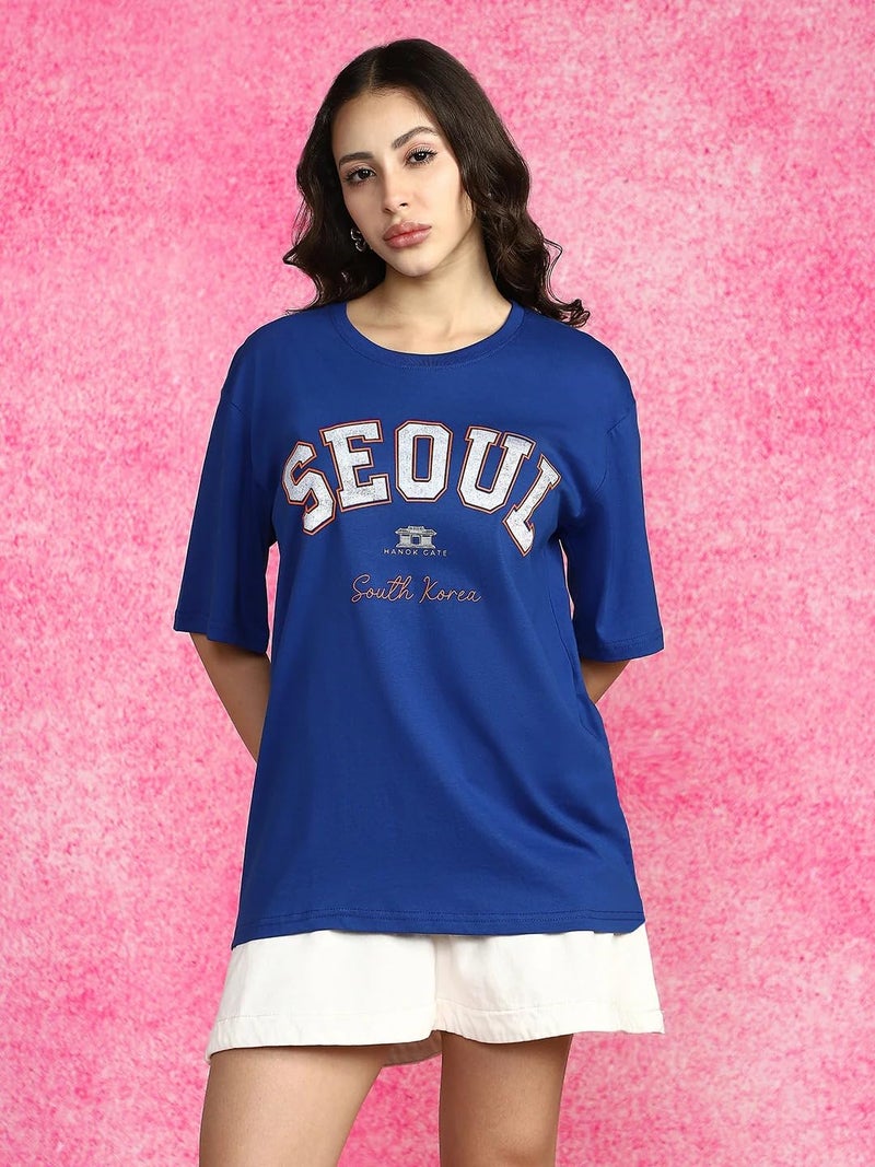 JUNEBERRY® Pure Cotton Oversized Baggy Fit Drop Shoulder Graphic Printed Round Neck T-Shirt for Women (OS_100_JBSOL_RB_XXL) - Image 2
