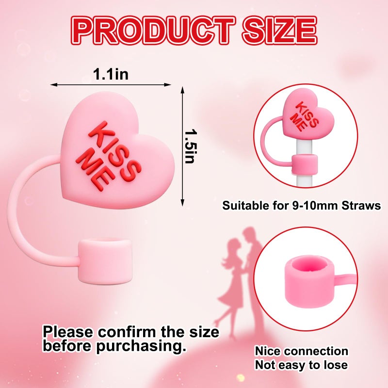 Whaline 6 Pcs Valentine's Day Conversation Heart Straw Cover Cap Reusable Silicone Straws Topper Pastel 10 Mm/0.4 Inch Straw Tip Lid Protector for 30/40 Oz Tumbler Cup Accessory Party Decor - Image 2