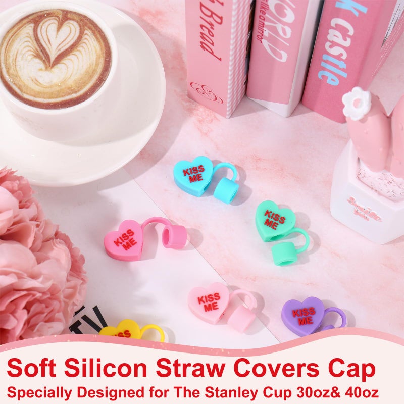 Whaline 6 Pcs Valentine's Day Conversation Heart Straw Cover Cap Reusable Silicone Straws Topper Pastel 10 Mm/0.4 Inch Straw Tip Lid Protector for 30/40 Oz Tumbler Cup Accessory Party Decor - Image 3