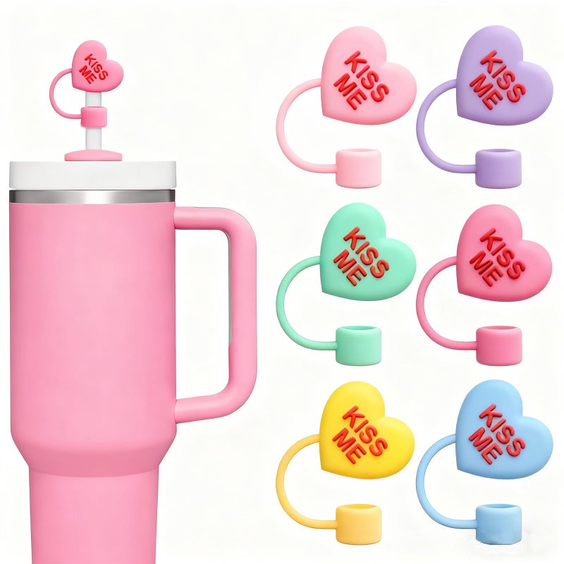 Whaline 6 Pcs Valentine's Day Conversation Heart Straw Cover Cap Reusable Silicone Straws Topper Pastel 10 Mm/0.4 Inch Straw Tip Lid Protector for 30/40 Oz Tumbler Cup Accessory Party Decor - Image 1