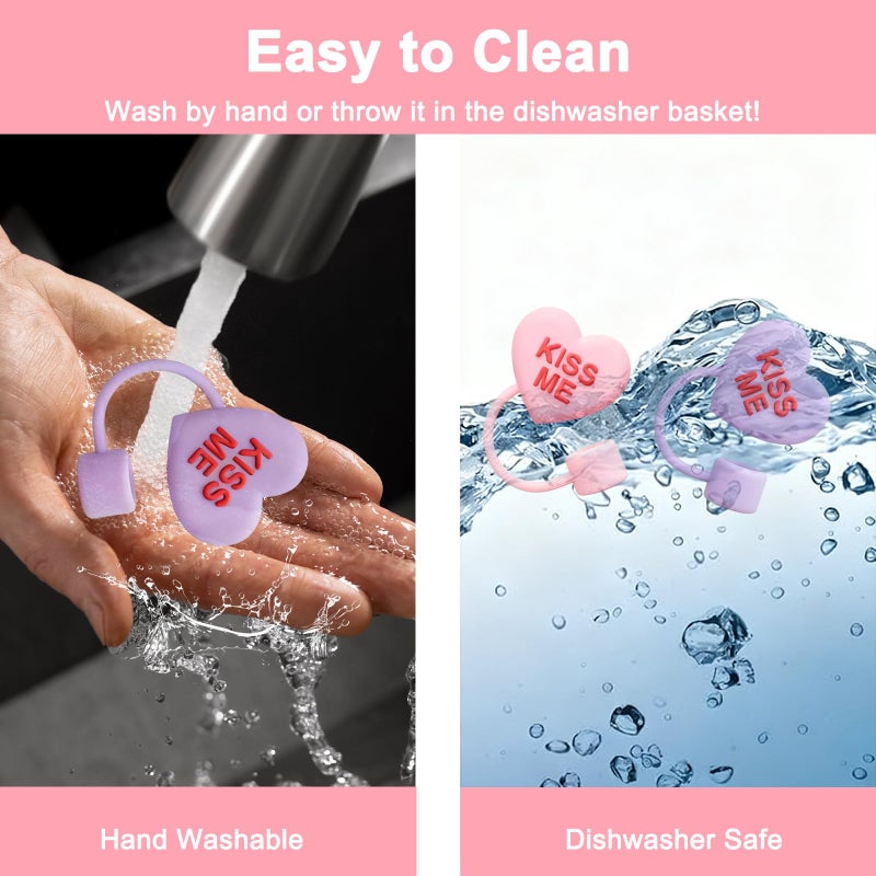 Whaline 6 Pcs Valentine's Day Conversation Heart Straw Cover Cap Reusable Silicone Straws Topper Pastel 10 Mm/0.4 Inch Straw Tip Lid Protector for 30/40 Oz Tumbler Cup Accessory Party Decor - Image 4